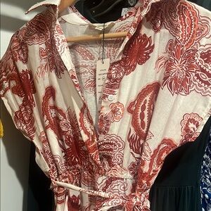 Linen Red and Cream Patterned Dress